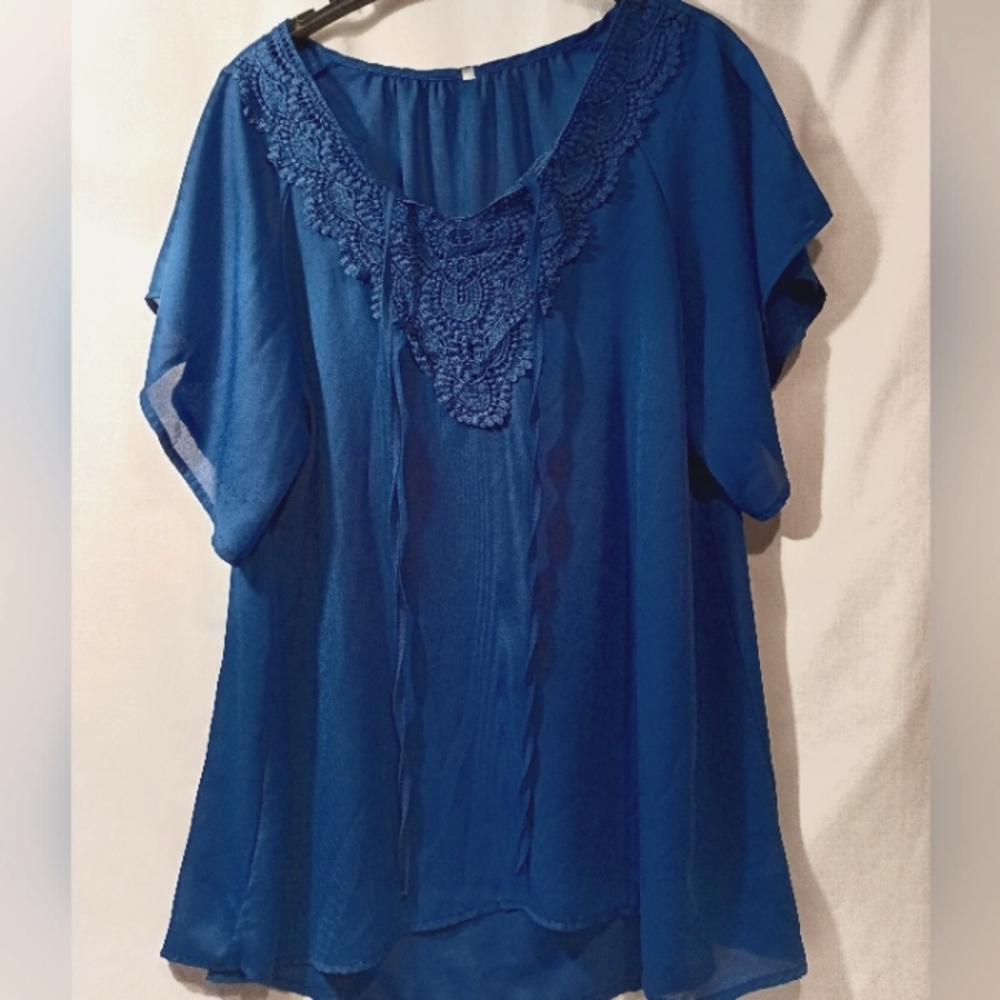 Elegant Blue Blouse- semi- sheer with lace trim